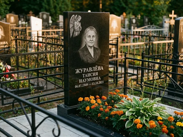 Памятник с гравировкой ангела — гравировка молящегося ангела в верхней части стелы, работа «Журавлёва» в Саратове