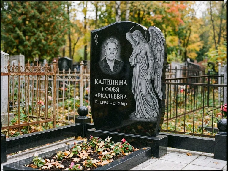 Памятник с гравировкой ангела — гравировка ангела с крестом рядом с эпитафией, работа «Игнатова» в Саратове