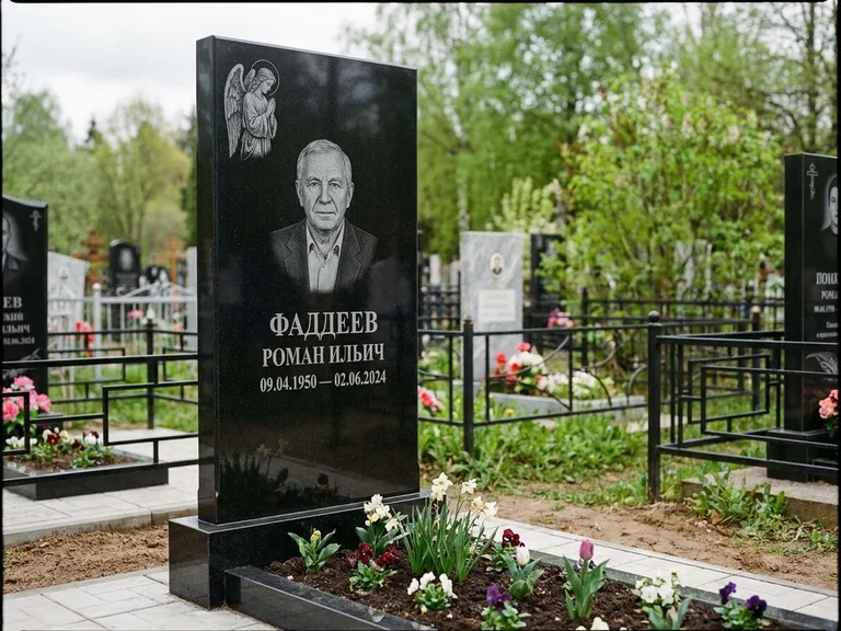 Памятник с гравировкой ангела — гравировка молящегося ангела в верхней части стелы, работа «Фаддеев» в Саратове