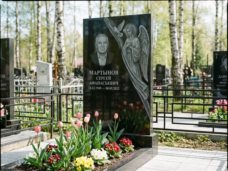 Памятник с гравировкой ангела — гравировка двух ангелов по сторонам портрета, работа «Касаткин» в Саратове