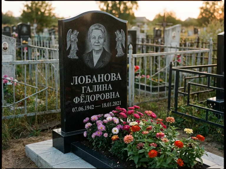 Памятник с гравировкой ангела — гравировка двух ангелов по сторонам портрета, работа «Лобанова» в Саратове