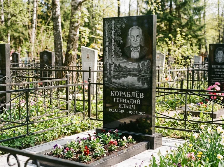Памятник с гравировкой берёзы — гравировка берёзы у зеркального озера, работа «Кораблёв» в Саратове