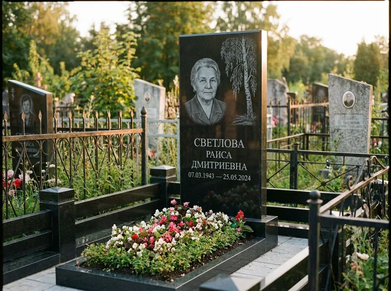 Памятник с гравировкой берёзы — гравировка плакучей берёзы с тонкими ветвями, работа «Светлова» в Саратове