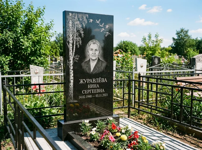 Памятник с гравировкой берёзы — гравировка берёзы с журавлиным клином в небе, работа «Журавлёва» в Саратове