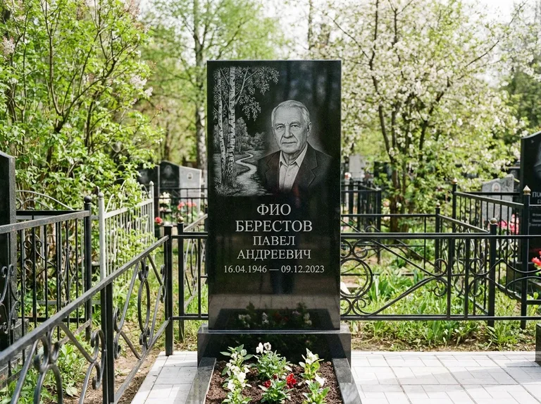 Памятник с гравировкой берёзы — гравировка берёзы у тропинки, уходящей вдаль, работа «Берестов» в Саратове