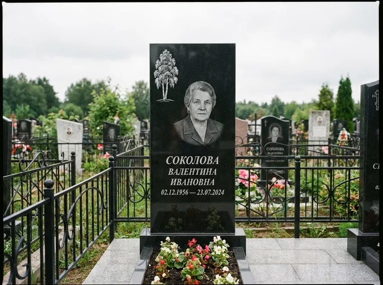 Памятник с гравировкой берёзы — гравировка одинокой берёзы над именем, работа «Соколова» в Саратове
