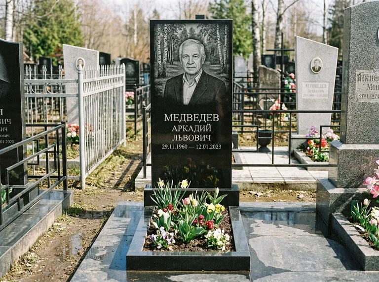 Памятник с гравировкой берёзы — гравировка берёзовой рощи в глубину, работа «Медведев» в Саратове
