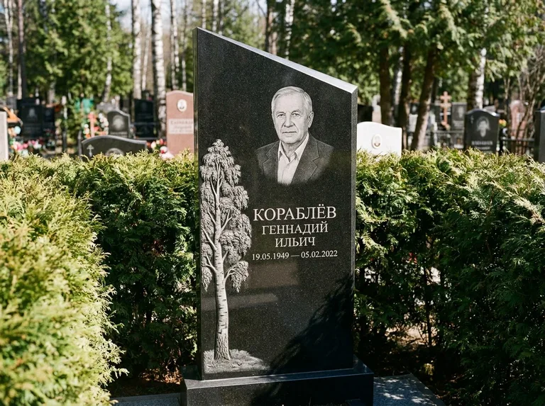 Памятник с гравировкой берёзы: асимметричная скошенная стела — объёмная одинокая берёза с фактурной корой, живая изгородь из туи, работа «Кораблёв» в Саратове