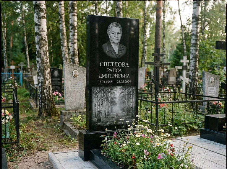 Памятник с гравировкой берёзы: двойная семейная стела — берёзовая роща в лёгкой дымке, цветник с полевыми цветами, работа «Светлова» в Саратове