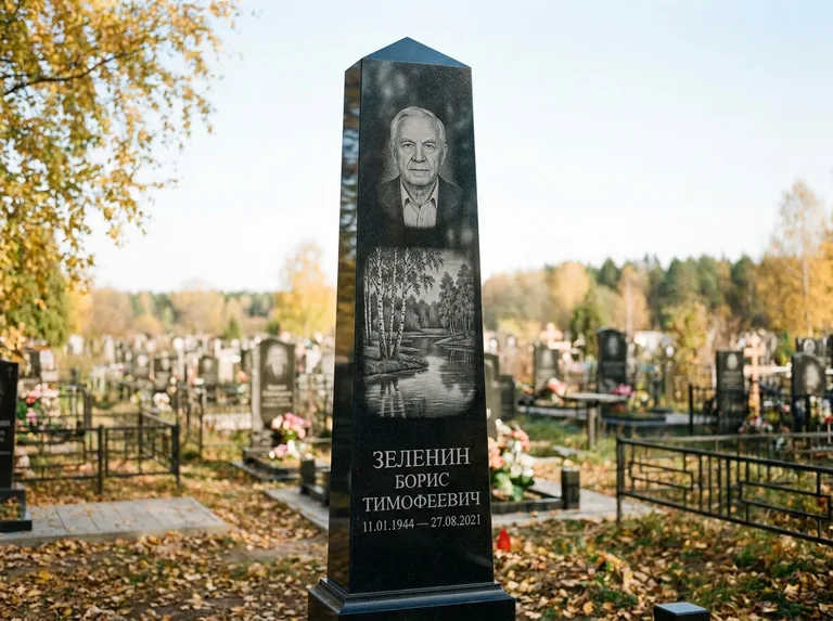 Памятник с гравировкой берёзы: гранёный обелиск-колонна — берёза у воды с отражением, открытый участок, мягкий свет, работа «Зеленин» в Саратове