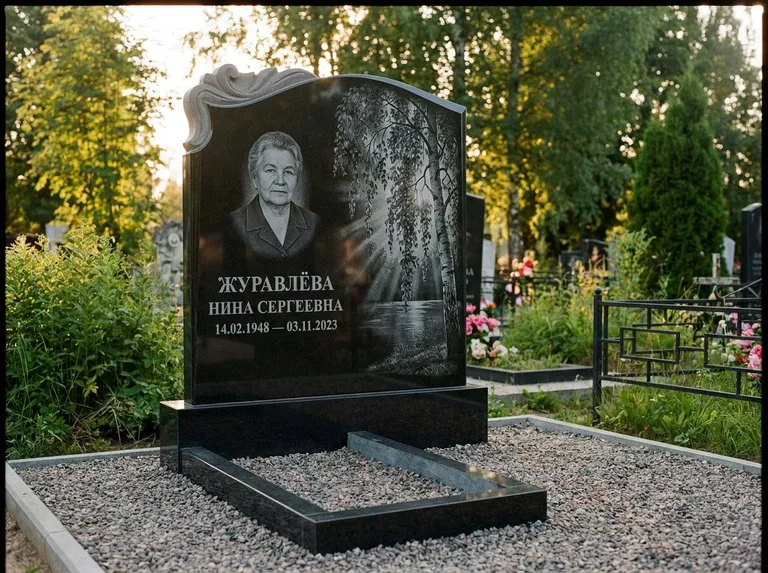 Памятник с гравировкой берёзы: стела с фигурным резным верхом — плакучая берёза в контровом свете, гравийная отсыпка, рассвет, работа «Журавлёва» в Саратове