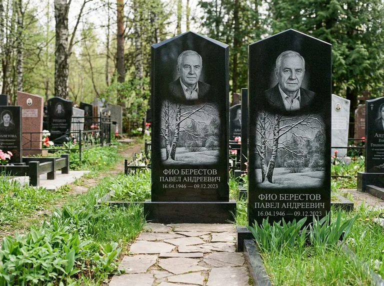Памятник с гравировкой берёзы: массивная стела с двускатным навершием — зимняя берёза, снег на ветвях, дорожка из природного плитняка, работа «Берестов» в Саратове