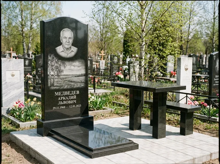 Памятник с гравировкой берёзы: стела с гранитным столиком и скамьёй — берёза у поля, простор до горизонта, семейный участок с плиткой, работа «Медведев» в Саратове