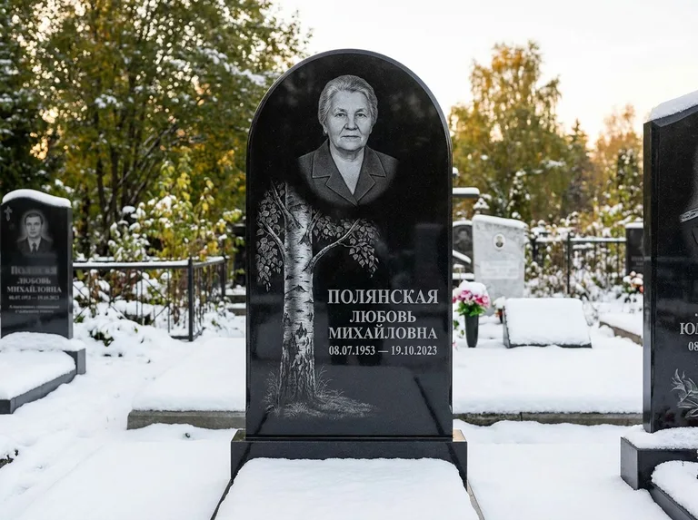 Памятник с гравировкой берёзы: полукруглая стела — объёмная одинокая берёза с фактурной корой, заснеженный зимний участок, работа «Полянская» в Саратове