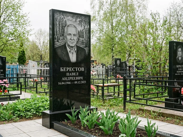 Памятник с гравировкой берёзы — гравировка берёзовой рощи в глубину, работа «Берестов» в Саратове