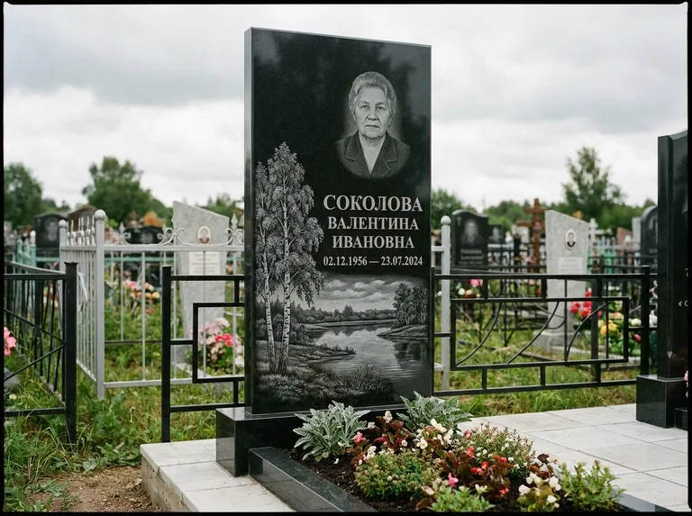 Памятник с гравировкой берёзы — гравировка берёзы у зеркального озера, работа «Соколова» в Саратове