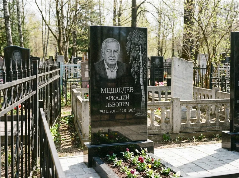 Памятник с гравировкой берёзы — гравировка плакучей берёзы с тонкими ветвями, работа «Медведев» в Саратове