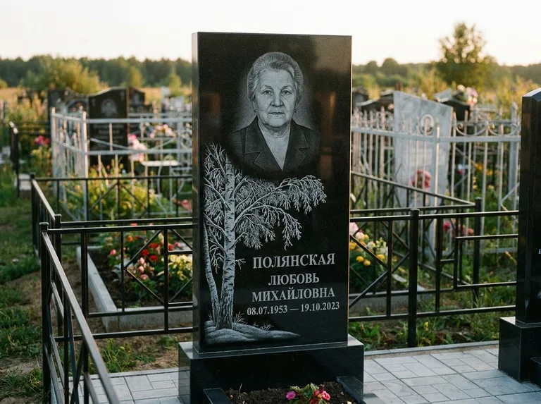 Памятник с гравировкой берёзы — гравировка зимней берёзы в инее, работа «Полянская» в Саратове