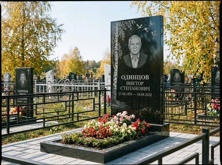 Памятник с гравировкой берёзы — гравировка берёзы с журавлиным клином в небе, работа «Одинцов» в Саратове
