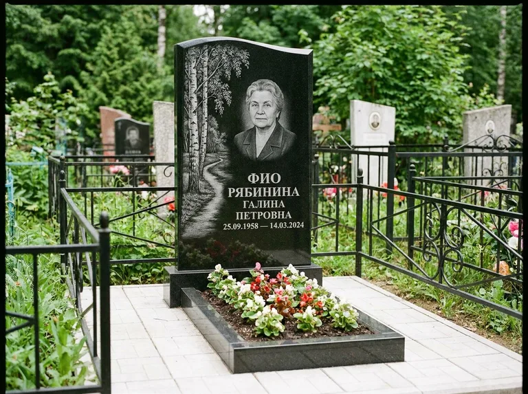 Памятник с гравировкой берёзы — гравировка берёзы у тропинки, уходящей вдаль, работа «Рябинина» в Саратове