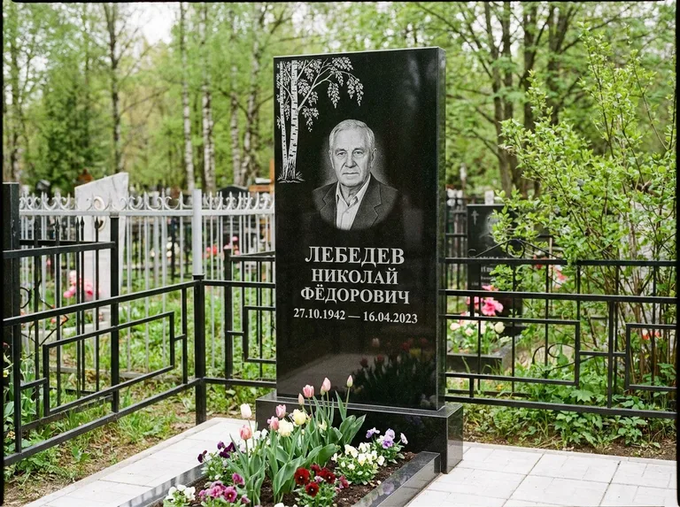 Памятник с гравировкой берёзы — гравировка одинокой берёзы над именем, работа «Лебедев» в Саратове