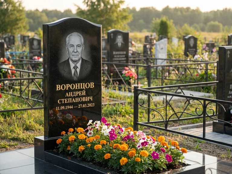 Гравировка фото на памятнике в Саратове — готовый гравированный портрет на чёрном граните