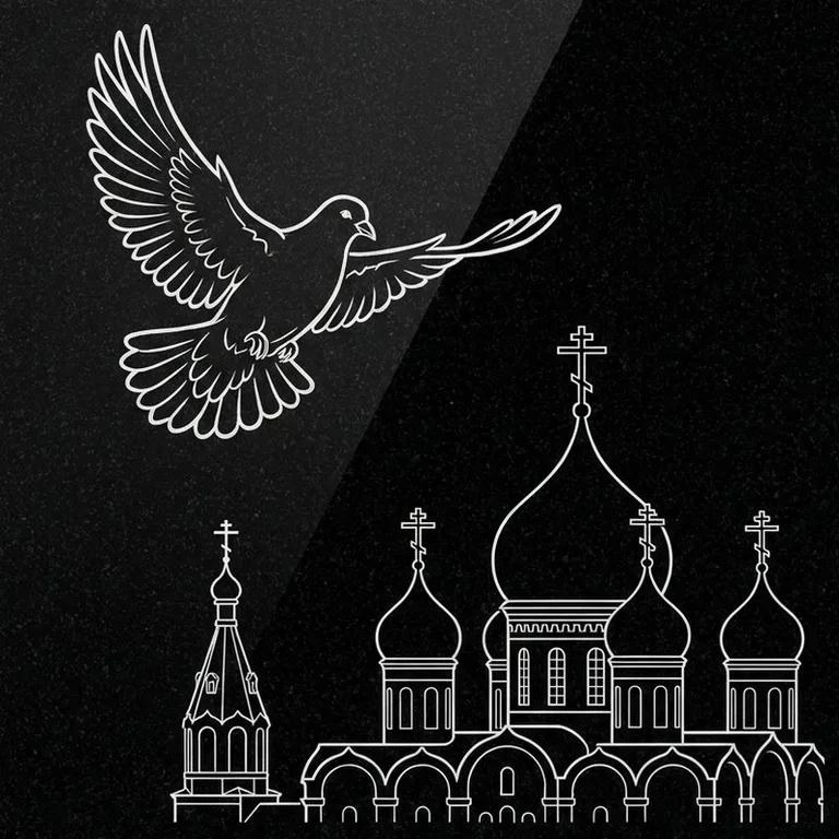 Эскиз гравировки голубей на памятник — голубь в небе над храмом в Саратове