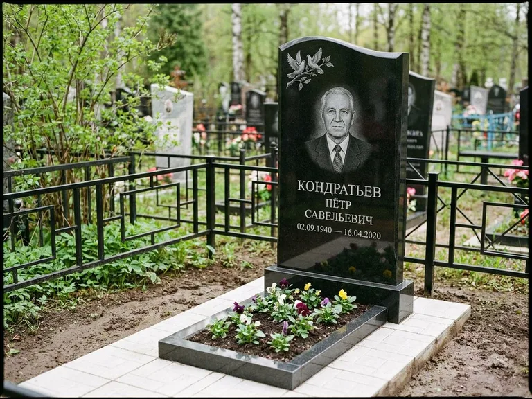 Памятник с гравировкой голубей — гравировка пары голубей на ветке в верхнем углу стелы, работа «Кондратьев» в Саратове