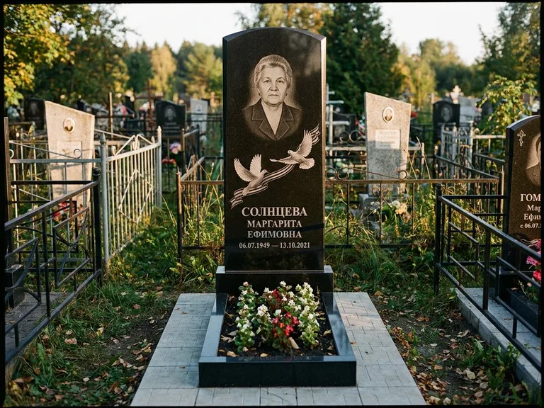 Памятник с гравировкой голубей — гравировка двух летящих голубей с лентой по диагонали стелы, работа «Солнцева» в Саратове