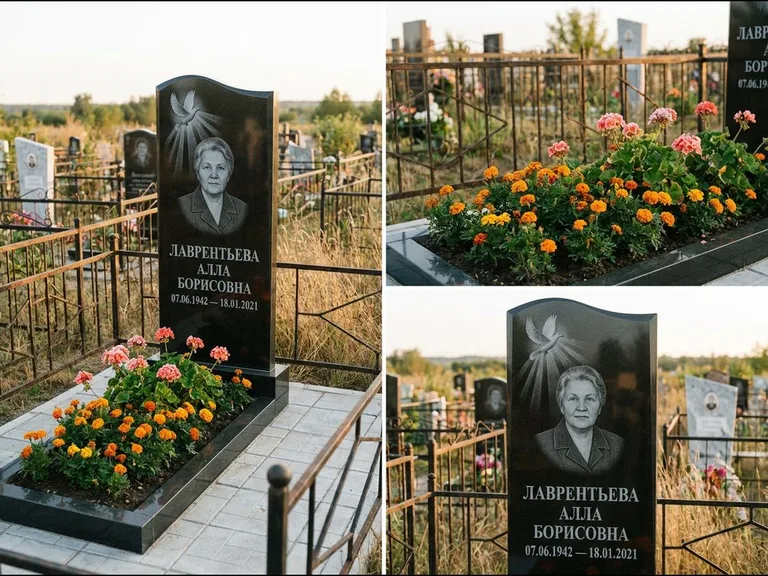 Памятник с гравировкой голубей — гравировка голубя в лучах света над портретом, работа «Лаврентьева» в Саратове