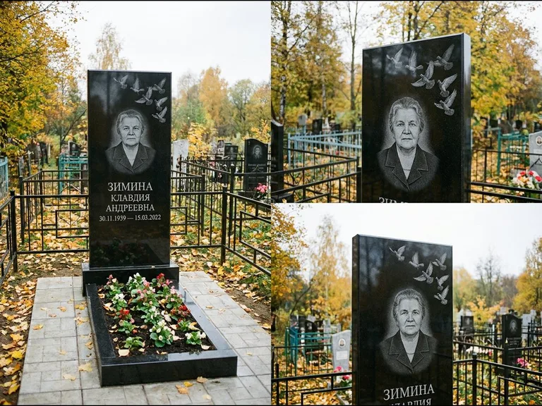 Памятник с гравировкой голубей — гравировка стаи голубей, взлетающей от угла стелы, работа «Зимина» в Саратове