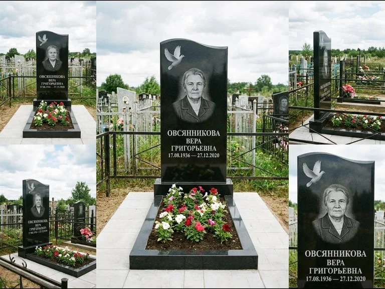 Памятник с гравировкой голубей — белая гравировка взлетающего голубя над портретом, работа «Овсянникова» в Саратове