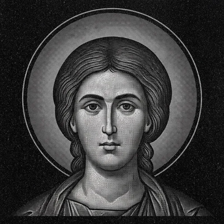 Эскиз иконы: Георгий Победоносец (полутон) — воинский образ, гравировка на памятник в Саратове