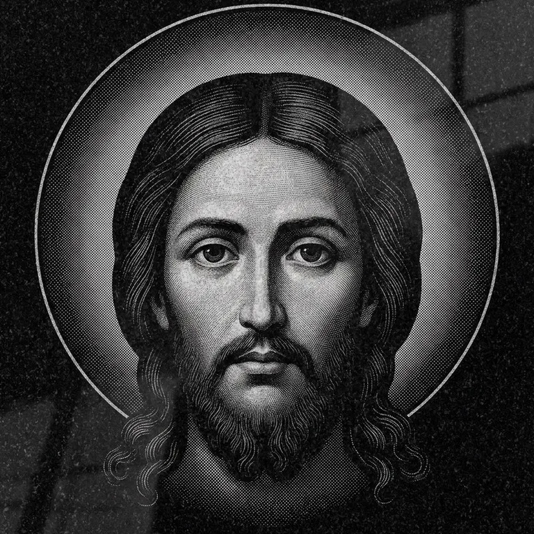 Эскиз иконы: Спас Нерукотворный (полутон) — детальный лик на убрусе, гравировка на памятник в Саратове