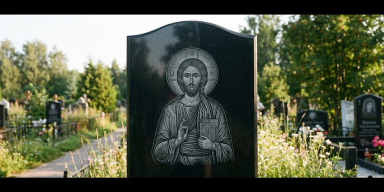Иконы для гравировки на памятник в Саратове — образ на стеле из чёрного гранита с ручной доводкой лика