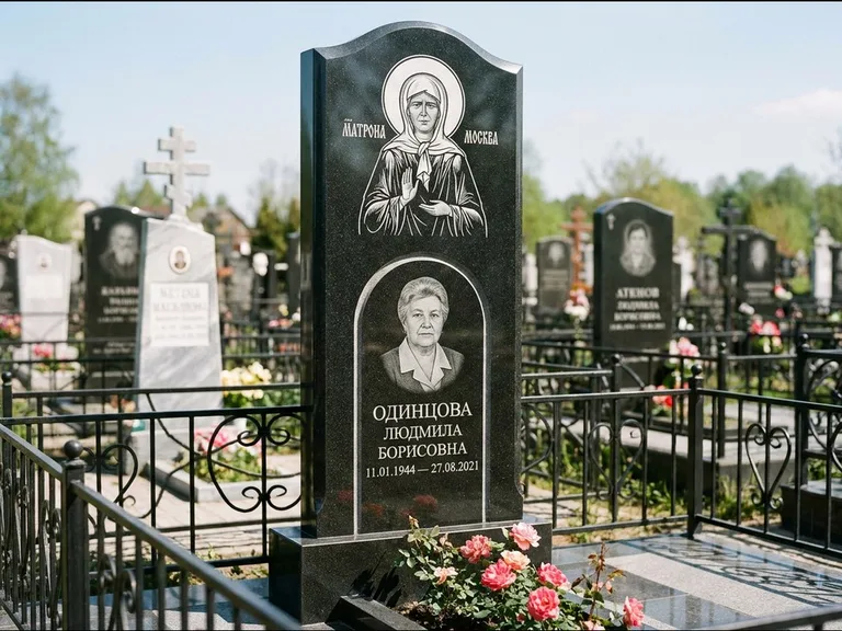 Памятник с гравировкой иконы — Владимирская икона Божией Матери с Младенцем, работа «Зотов» в Саратове