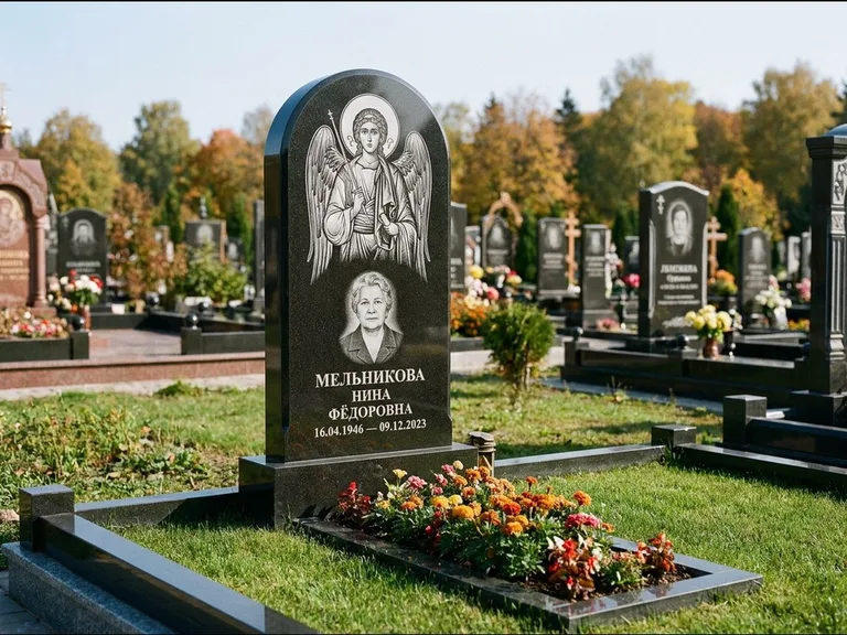 Памятник с гравировкой иконы — икона над портретом усопшего, работа «Журавлёв» в Саратове