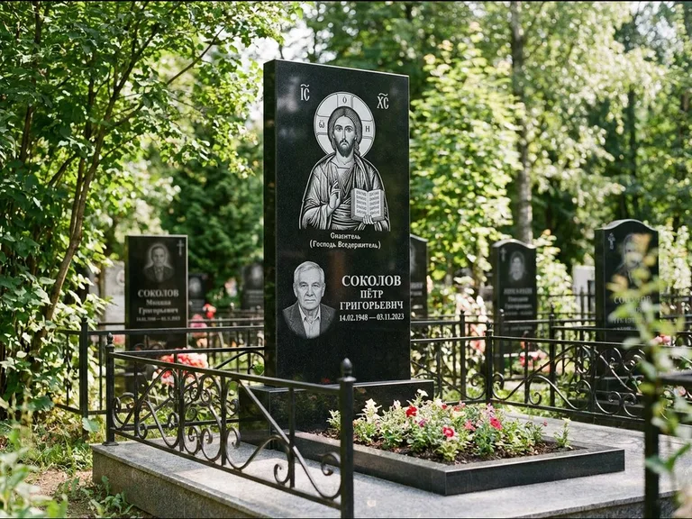 Памятник с гравировкой иконы — икона Спаса Вседержителя над именем усопшего, работа «Воронцова» в Саратове