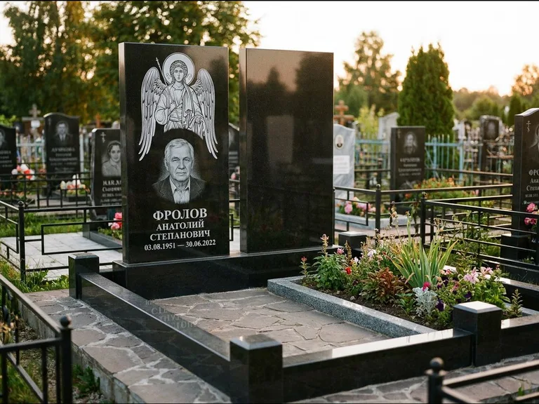 Памятник с гравировкой иконы: стела с резной рамкой вокруг иконы — Архангел Михаил на стеле, белая мраморная крошка с бордюром, работа «Богданова» в Саратове