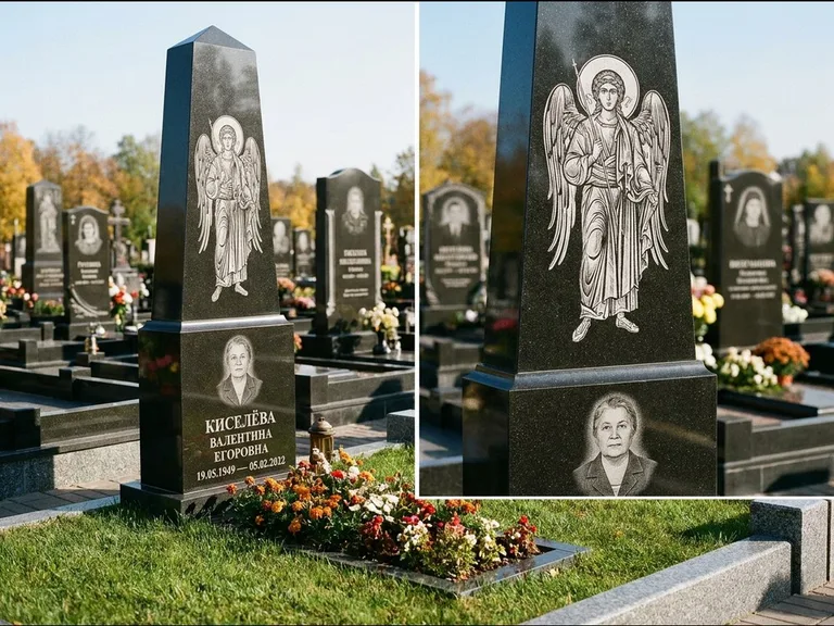 Памятник с гравировкой иконы: асимметричная скошенная стела — гравировка образа Спасителя, живая изгородь из кустарника, работа «Третьяков» в Саратове