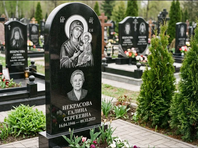 Памятник с гравировкой иконы: фигурная стела с киот-нишей под икону — икона в резной рамке-киоте, светлая гравийная отсыпка, работа «Журавлёв» в Саратове