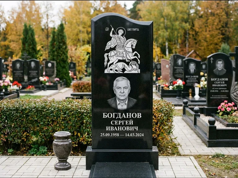 Памятник с гравировкой иконы: монументальный семейный мемориал из двух стел на общем цоколе — гравировка Николая Чудотворца, мощёная гранитная площадка без ограды, работа «Раевская» в Саратове