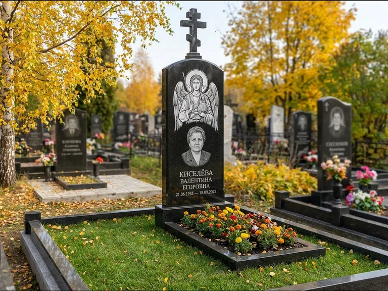 Памятник с гравировкой иконы — образ в полный рост на обороте стелы, работа «Гущин» в Саратове
