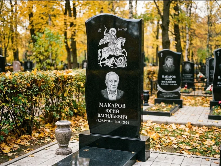 Памятник с гравировкой иконы — икона над портретом усопшего, работа «Раевская» в Саратове
