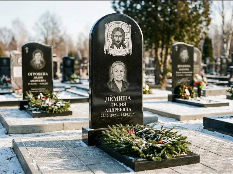 Памятник с гравировкой иконы — икона Спаса Вседержителя над именем усопшего, работа «Ковалёв» в Саратове