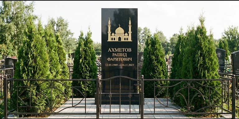 Гравировка мечети на памятник в Саратове — стела из чёрного гранита, оформление по канонам ислама