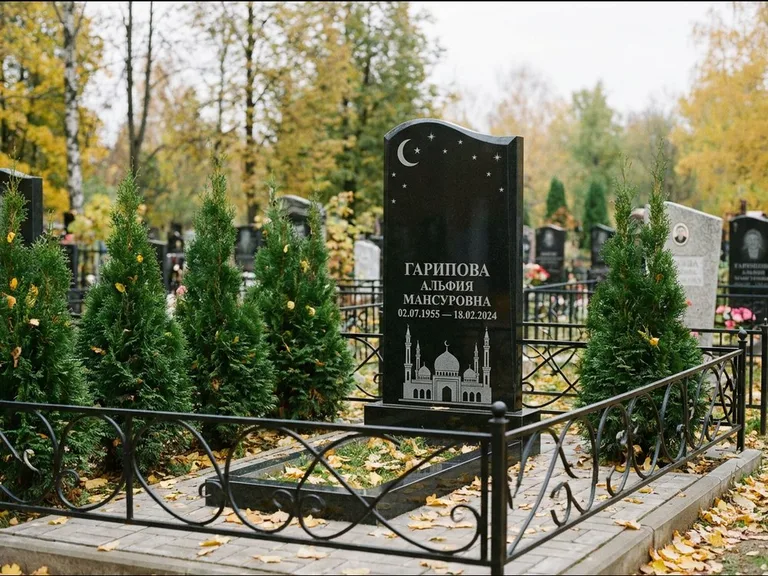 Мусульманский памятник с гравировкой мечети — мечеть с луной в ночном небе, работа «Гарипова» в Саратове