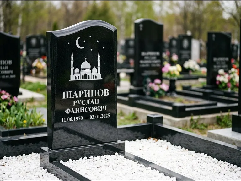 Мусульманский памятник с гравировкой мечети: стела с волнообразным скошенным верхом — гравировка мечети под полумесяцем и звёздами, белая мраморная крошка с бордюром, работа «Шарипов» в Саратове