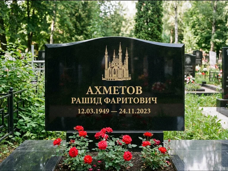 Мусульманский памятник с гравировкой мечети: широкая двойная семейная стела — золочёная гравировка мечети, цветник с красными розами, работа «Ахметов» в Саратове