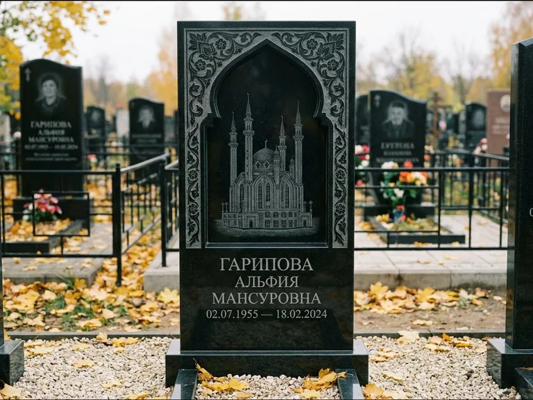 Мусульманский памятник с гравировкой мечети: фигурная стела с михраб-нишей — гравировка мечети в михраб-арке с орнаментом, светлая гравийная отсыпка, работа «Гарипова» в Саратове